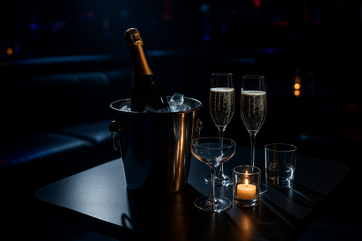 A NIGHTCLUB TABLE WITH A BUCKET OF CHAMPAGNE IN ICE WITH CONSISTANT FLASH LIGHTING