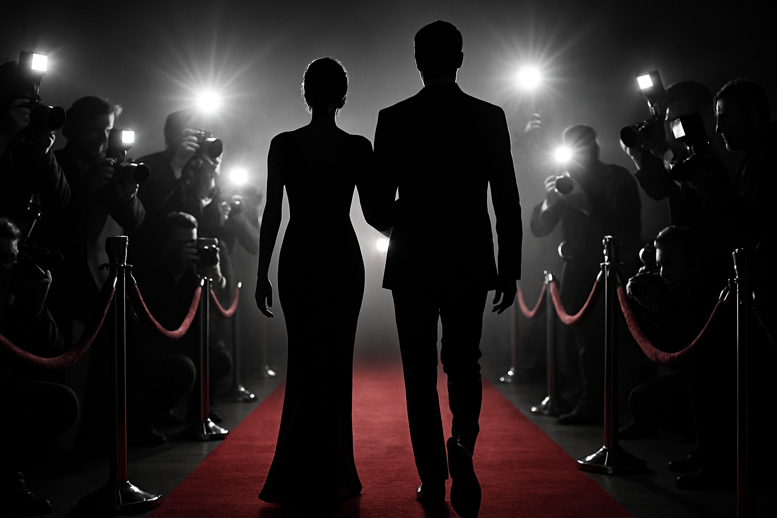 PAPARAZZI PHOTOGRAPHERS CAPTURING A WOMEN AND MAN SILHOUETTE WALKING ON A RED CARPET WITH VELVET ROPES